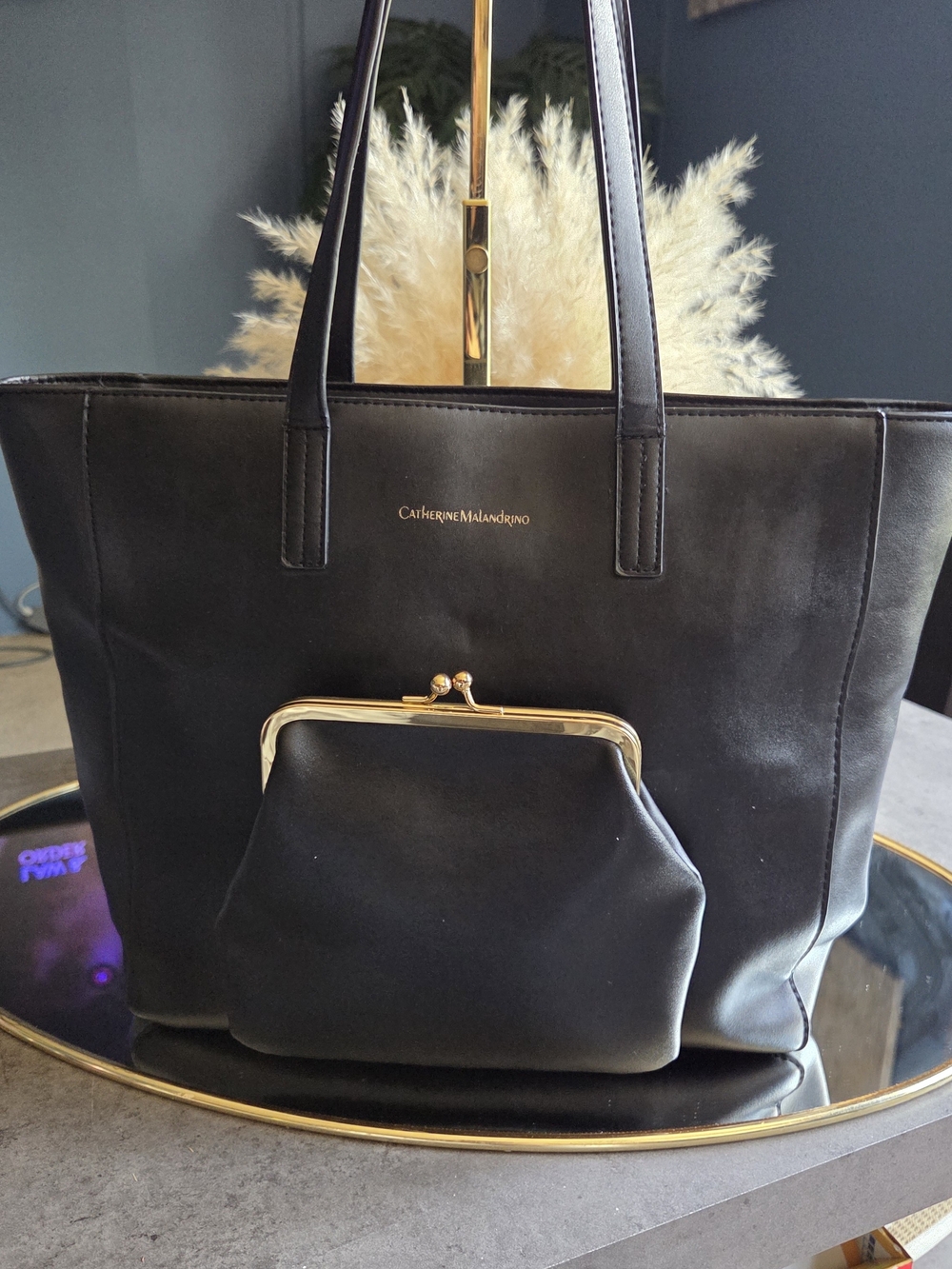 Catherine Malandrino Black Tote Bag with Front Kiss-Lock Pouch